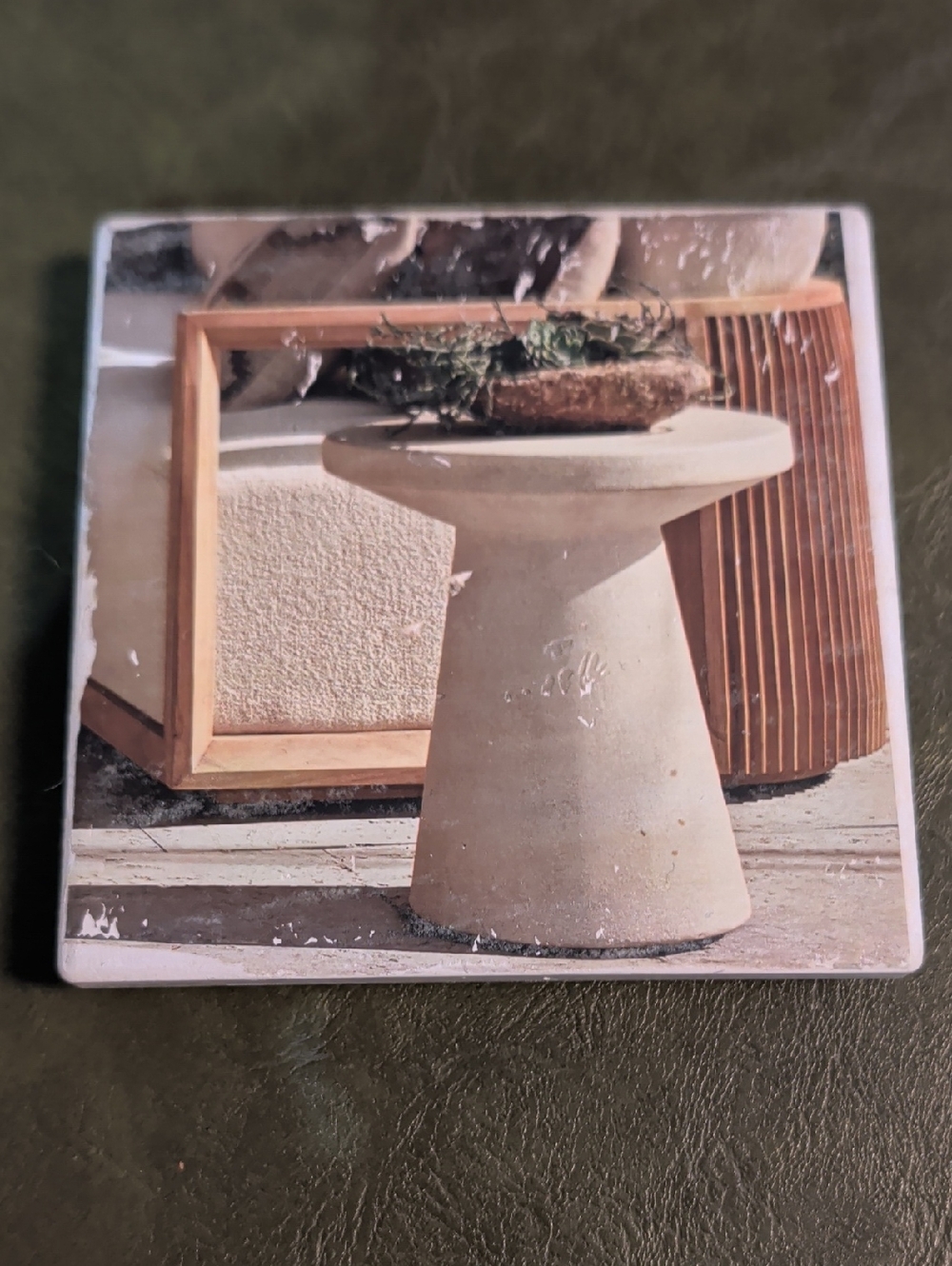 Decorative Art Print Ceramic Stool Photo Coaster Handmade MCM
